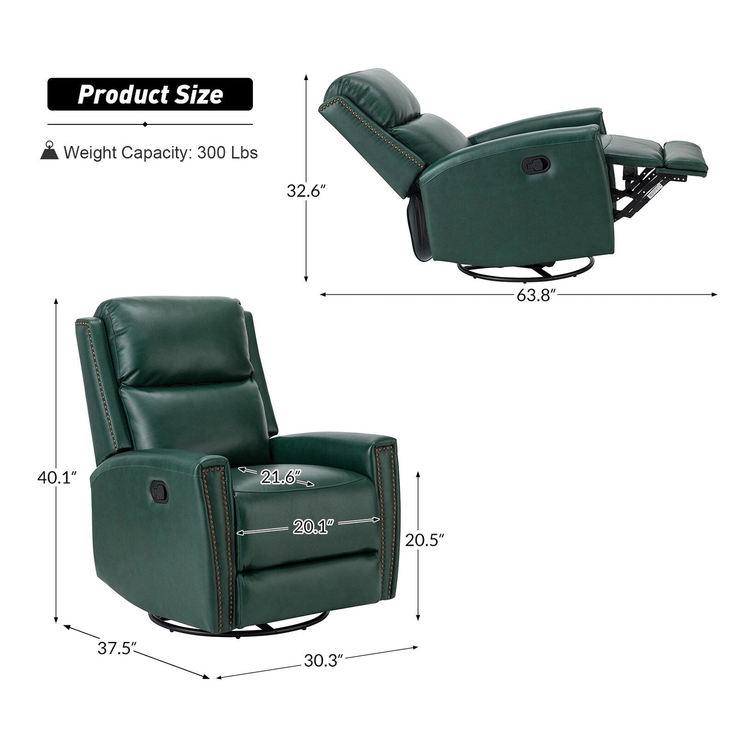 Fiacro 30.31Wide Modern Genuine Leather Wingback Swivel Rocker Recliner with Nailhead Trims, Set of 2