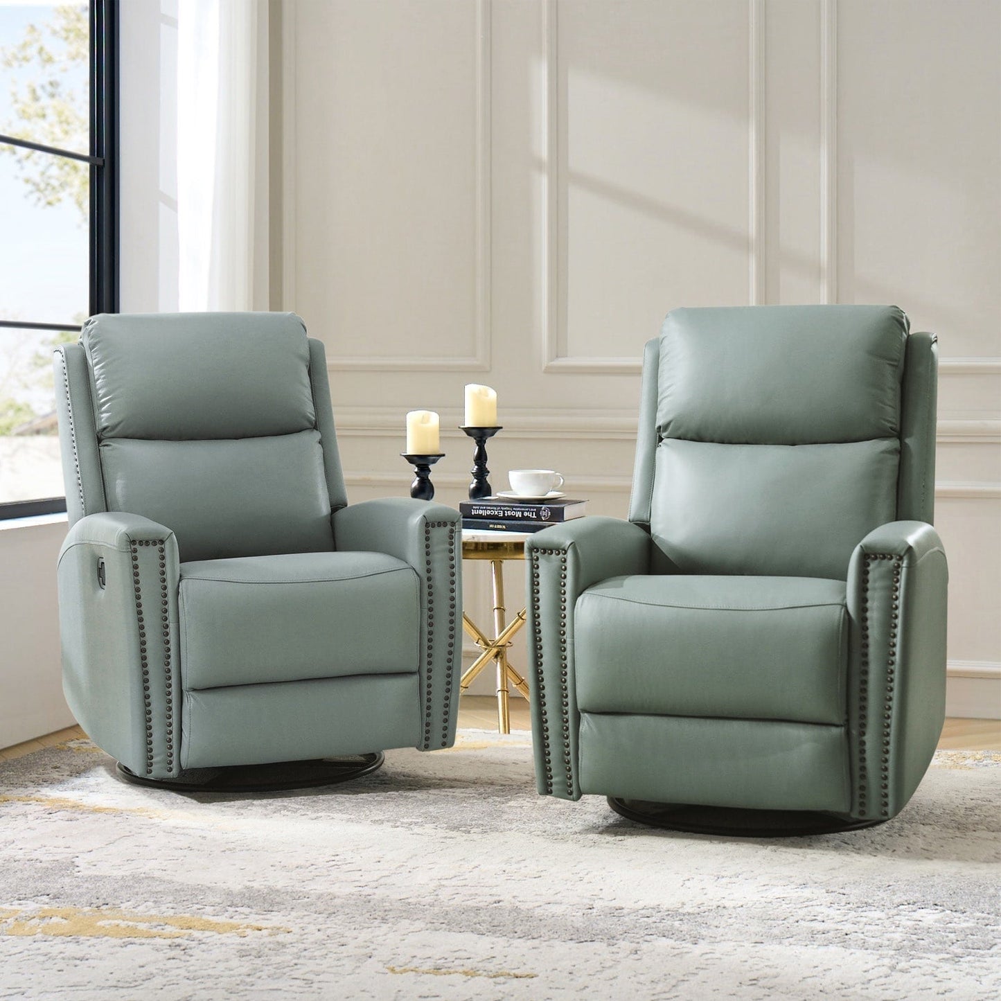 Fiacro 30.31Wide Modern Genuine Leather Wingback Swivel Rocker Recliner with Nailhead Trims, Set of 2