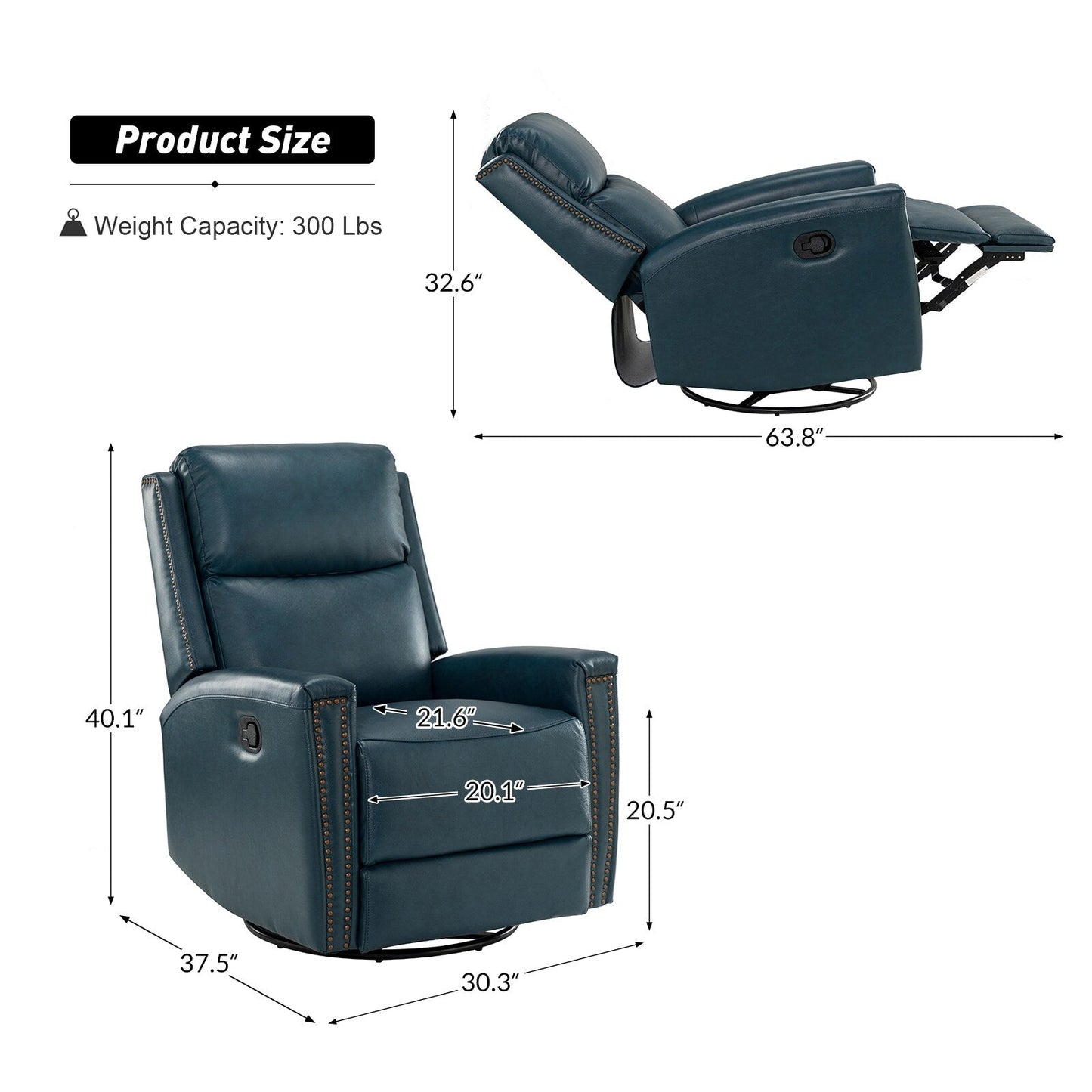 Fiacro 30.31Wide Modern Genuine Leather Wingback Swivel Rocker Recliner with Nailhead Trims, Set of 2