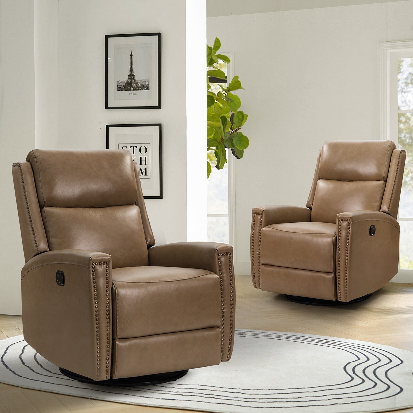 Fiacro 30.31Wide Modern Genuine Leather Wingback Swivel Rocker Recliner with Nailhead Trims, Set of 2