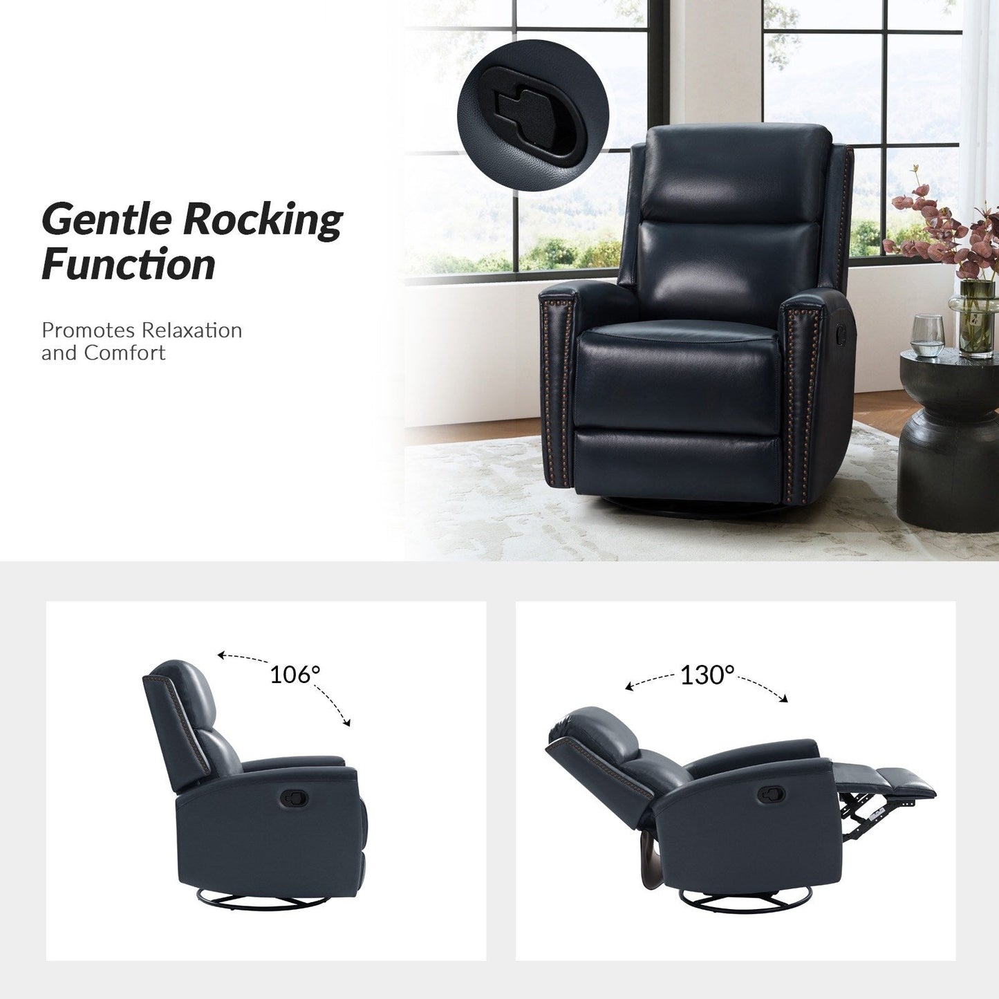 Fiacro 30.31Wide Modern Genuine Leather Wingback Swivel Rocker Recliner with Nailhead Trims