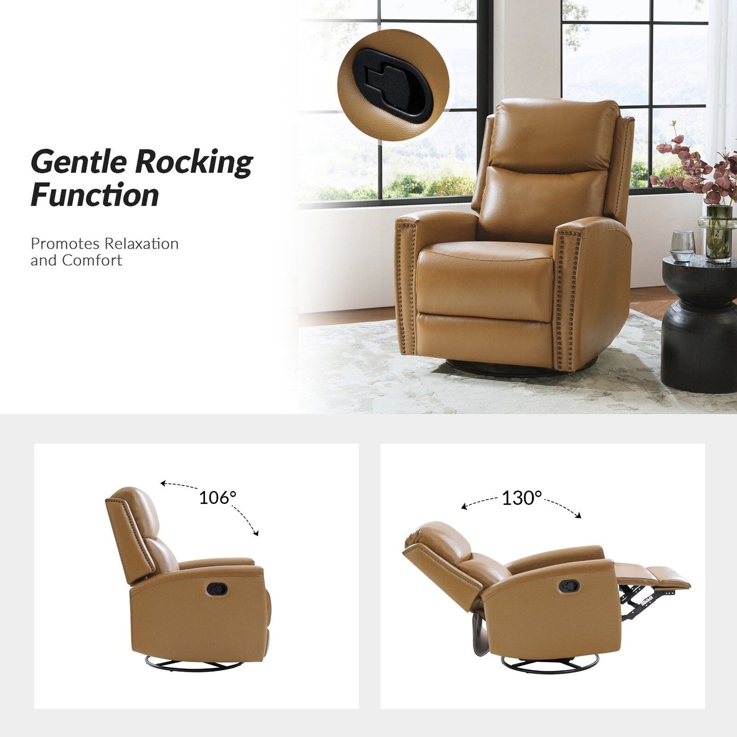 Fiacro 30.31Wide Modern Genuine Leather Wingback Swivel Rocker Recliner with Nailhead Trims