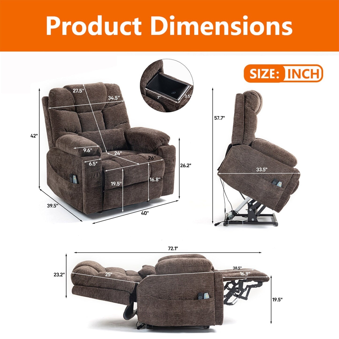 Flagship Dual Motor 26 Oversized Chenille Power Lift Recliner Chair
