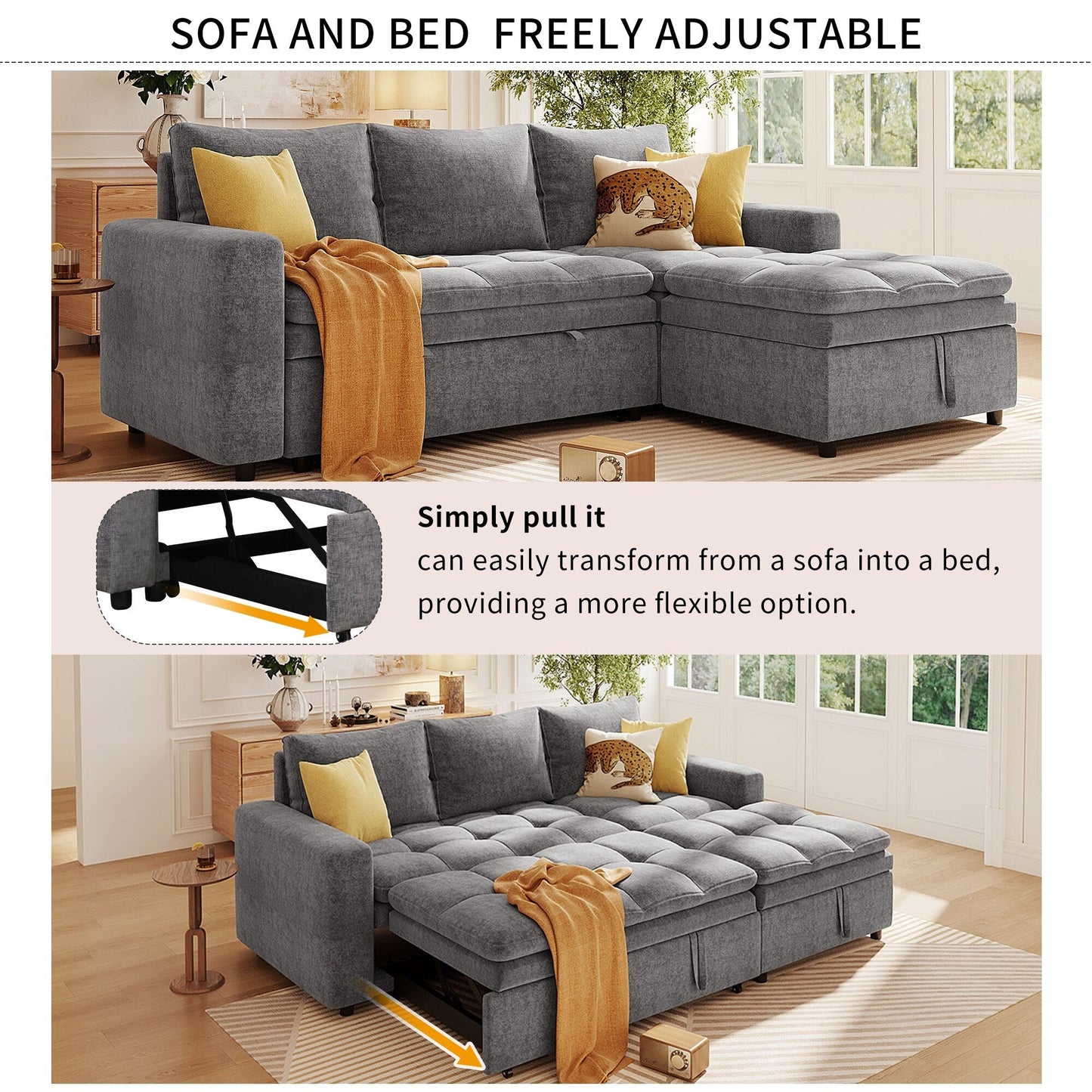 Free Conversion L-Shaped 3-Seat Sectional Sofa Bed with Storage Space and Removable Cushions for Living Room Apartment