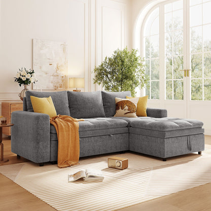 Free Conversion L-Shaped 3-Seat Sectional Sofa Bed with Storage Space and Removable Cushions for Living Room Apartment