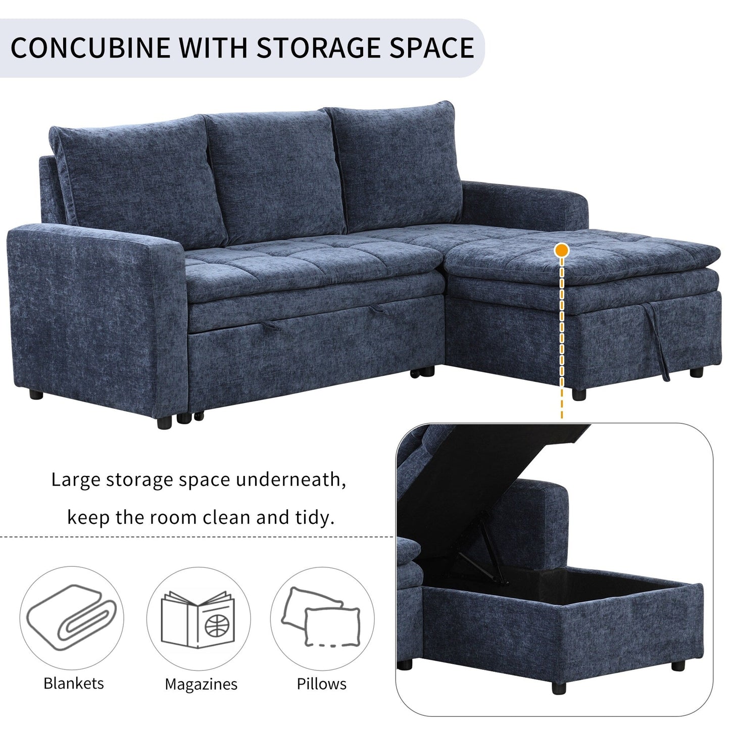 Free Conversion L-Shaped 3-Seat Sectional Sofa Bed with Storage Space and Removable Cushions for Living Room Apartment