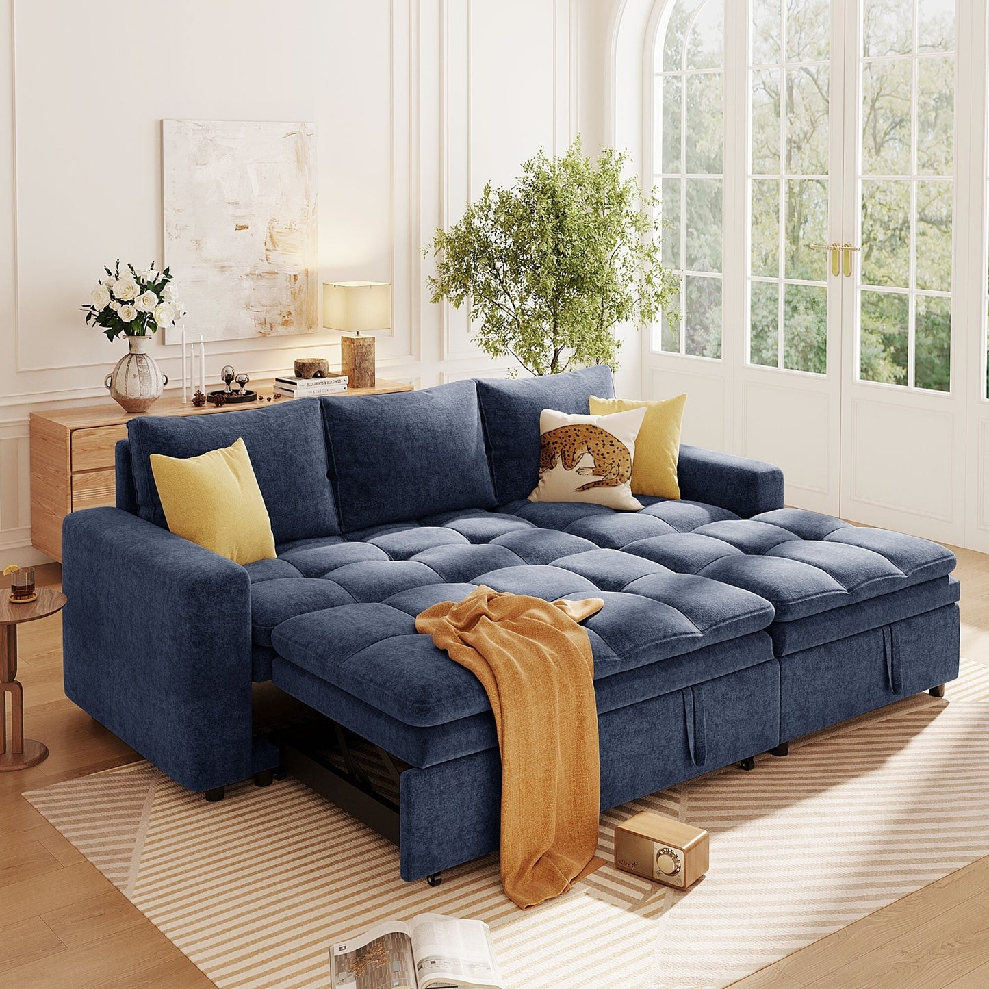 Free Conversion L-Shaped 3-Seat Sectional Sofa Bed with Storage Space and Removable Cushions for Living Room Apartment