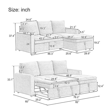 Free Conversion L-Shaped 3-Seat Sectional Sofa Bed with Storage Space and Removable Cushions for Living Room Apartment