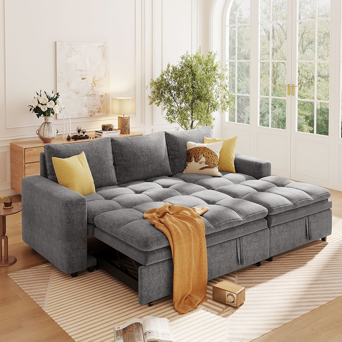 Free Conversion L-Shaped 3-Seat Sectional Sofa Bed with Storage Space and Removable Cushions for Living Room Apartment