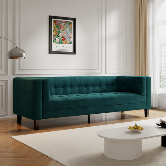Frosty Green 89.75 Velvet 3-seater Button Tufted Sofa with Wood Legs and Kiln-Dried Hardwood Frame for Living Room
