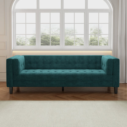 Frosty Green 89.75 Velvet 3-seater Button Tufted Sofa with Wood Legs and Kiln-Dried Hardwood Frame for Living Room