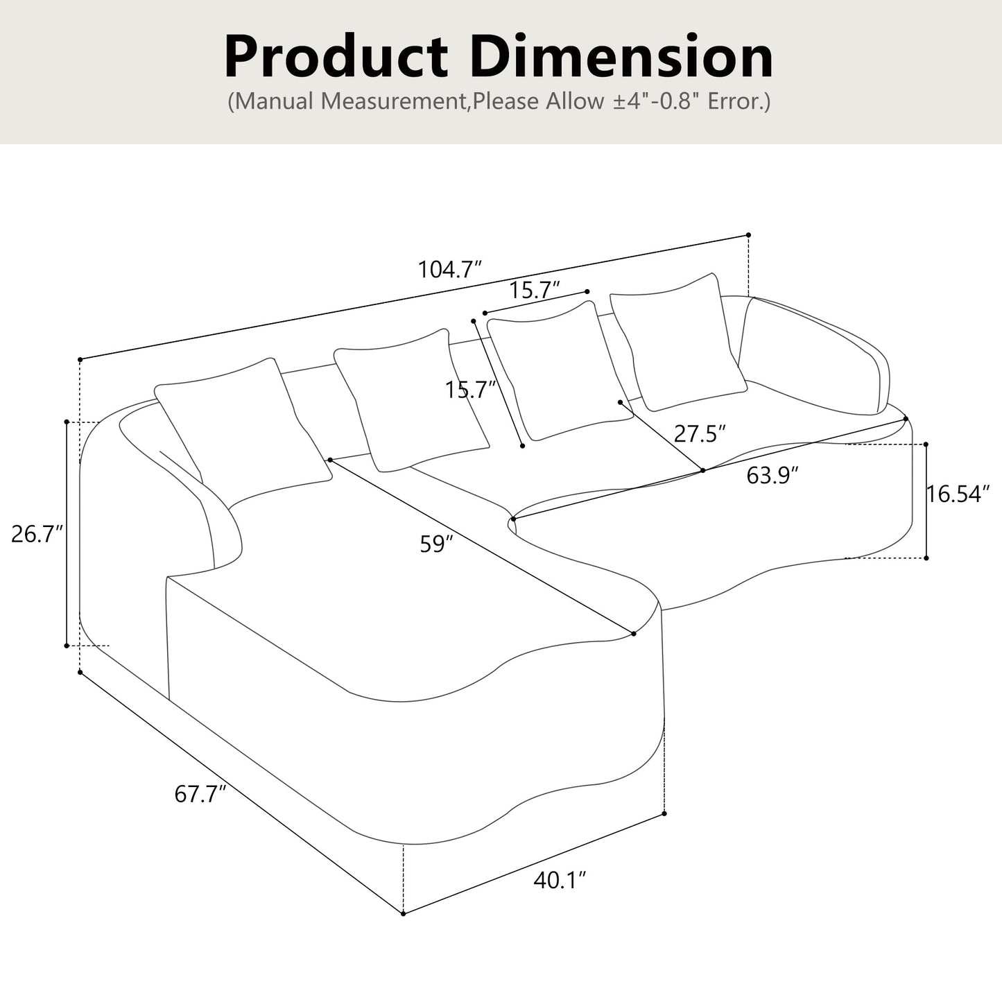 Full Compression L-Shape Sectional Sofa with Curved Chaise, Modular Chenille Couch, Compression Sofa