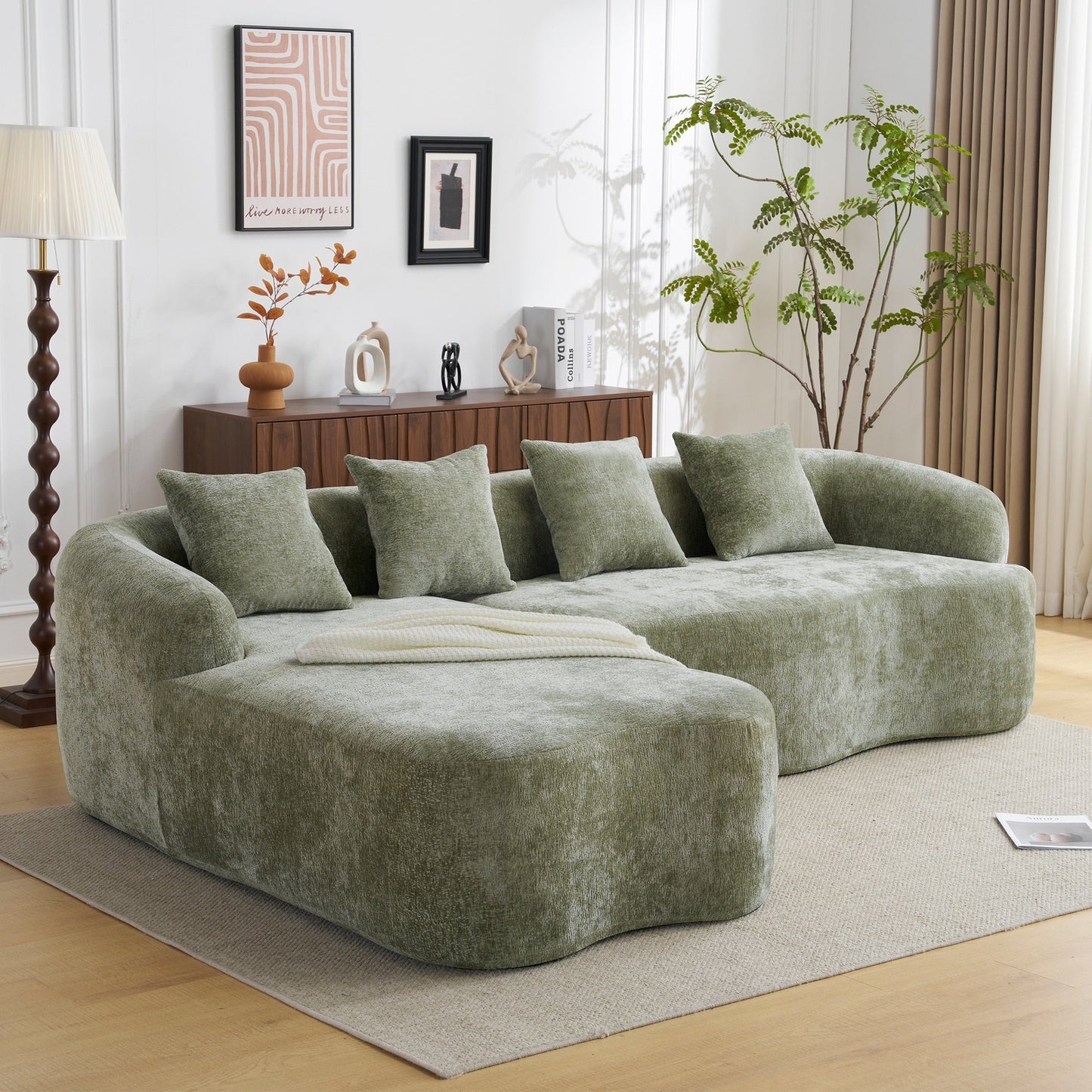 Full Compression L-Shape Sectional Sofa with Curved Chaise, Modular Chenille Couch, Compression Sofa