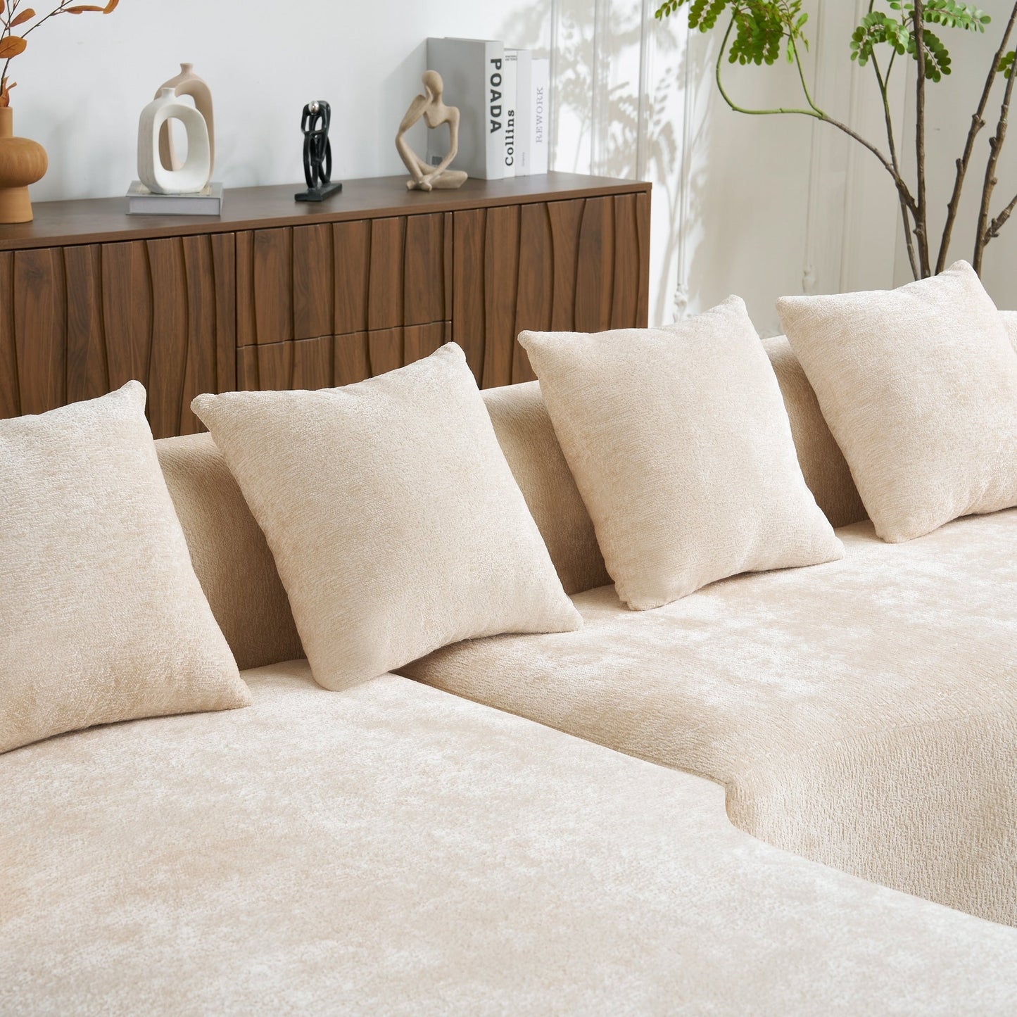 Full Compression L-Shape Sectional Sofa with Curved Chaise, Modular Chenille Couch, Compression Sofa