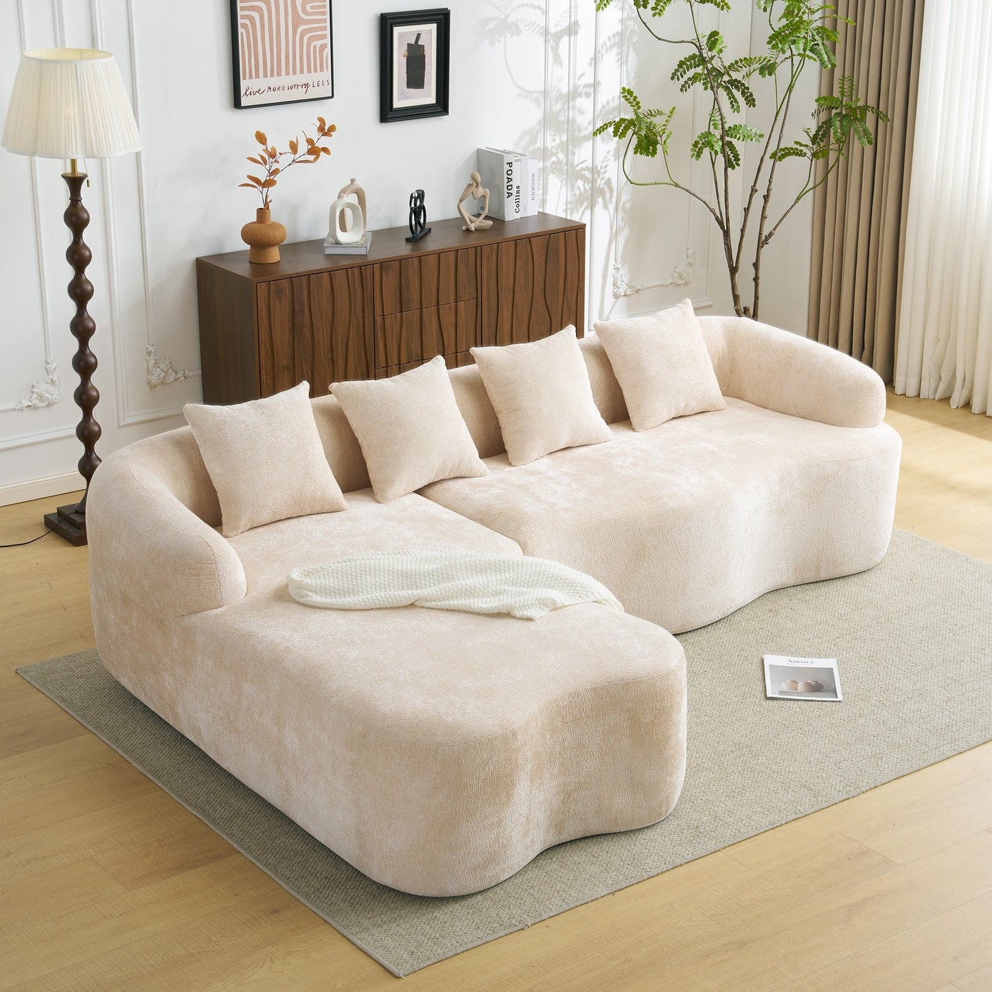 Full Compression L-Shape Sectional Sofa with Curved Chaise, Modular Chenille Couch, Compression Sofa