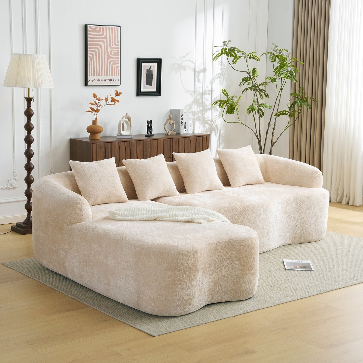 Full Compression L-Shape Sectional Sofa with Curved Chaise, Modular Chenille Couch, Compression Sofa