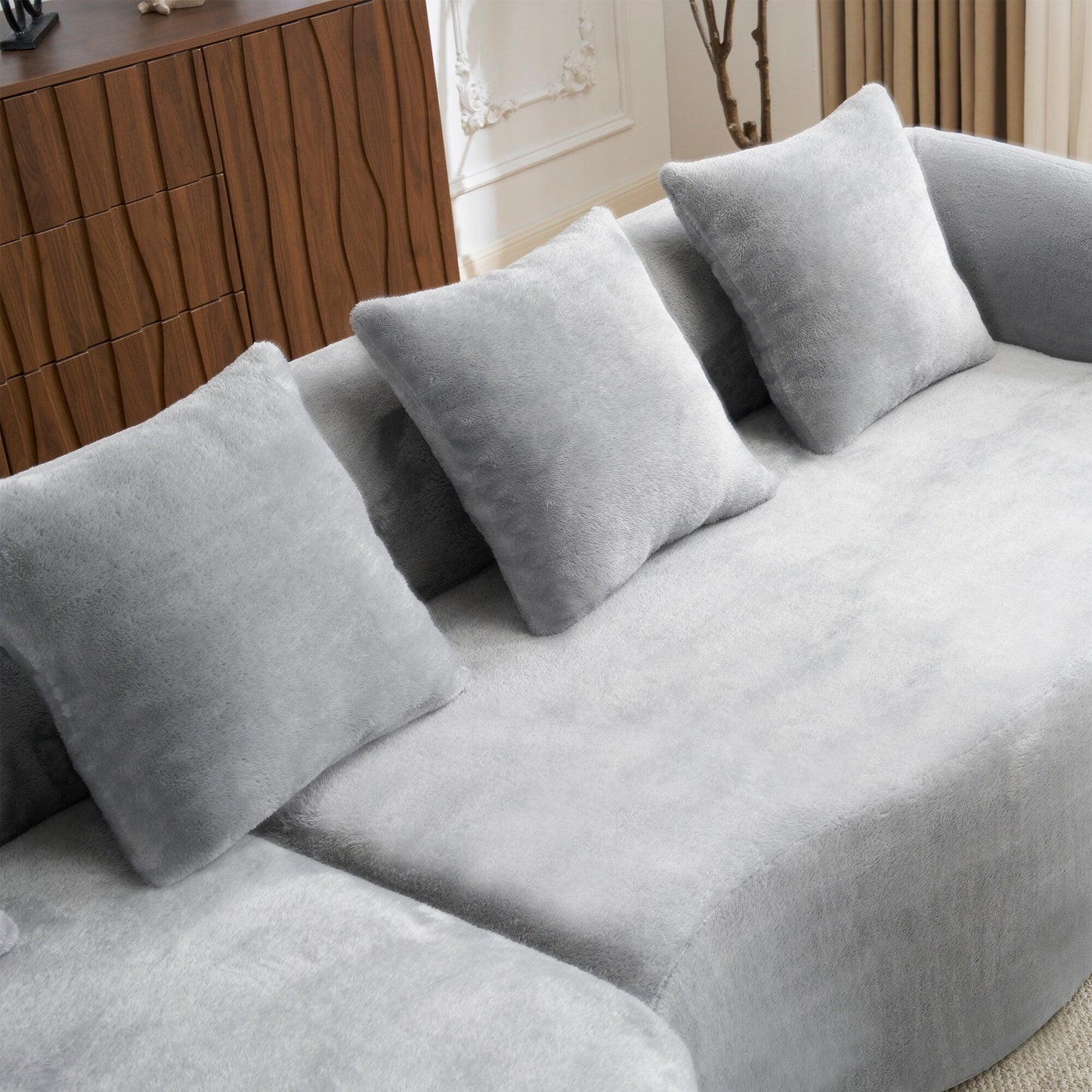 Full Compression L-Shape Sectional Sofa with Curved Chaise, Modular Chenille Couch, Compression Sofa