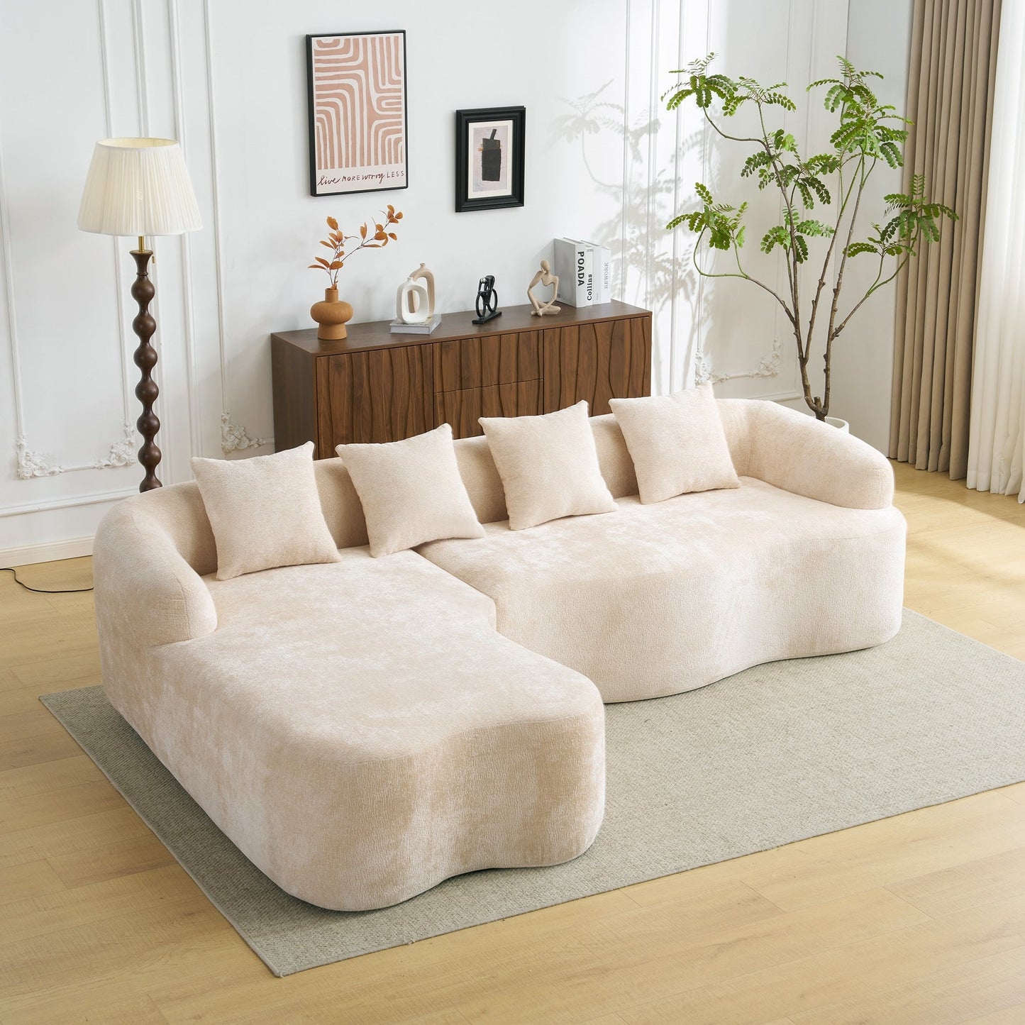 Full Compression L-Shape Sectional Sofa with Curved Chaise, Modular Chenille Couch, Compression Sofa