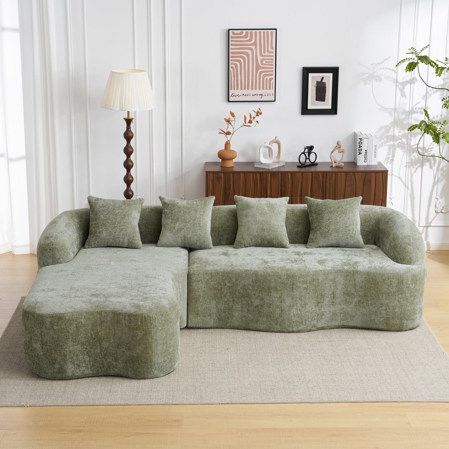 Full Compression L-Shape Sectional Sofa with Curved Chaise, Modular Chenille Couch, Compression Sofa