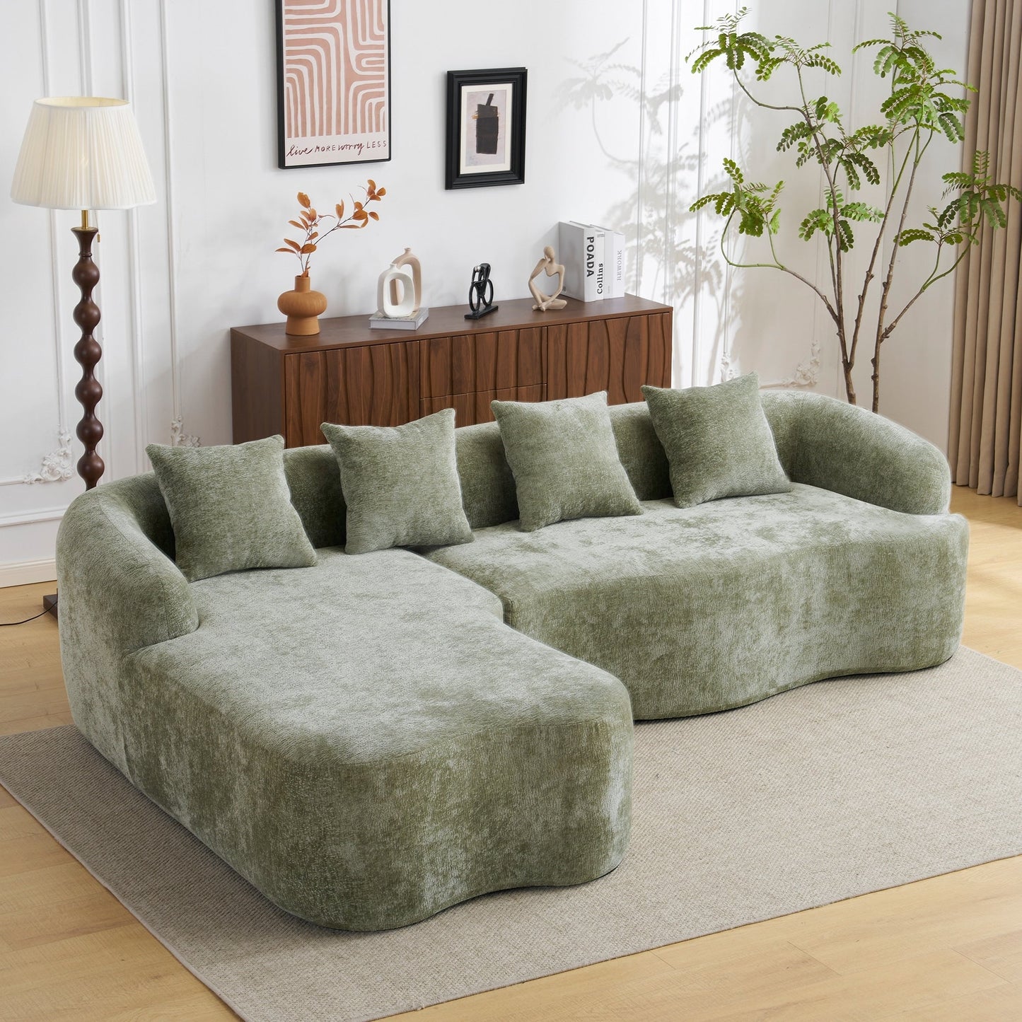 Full Compression L-Shape Sectional Sofa with Curved Chaise, Modular Chenille Couch, Compression Sofa
