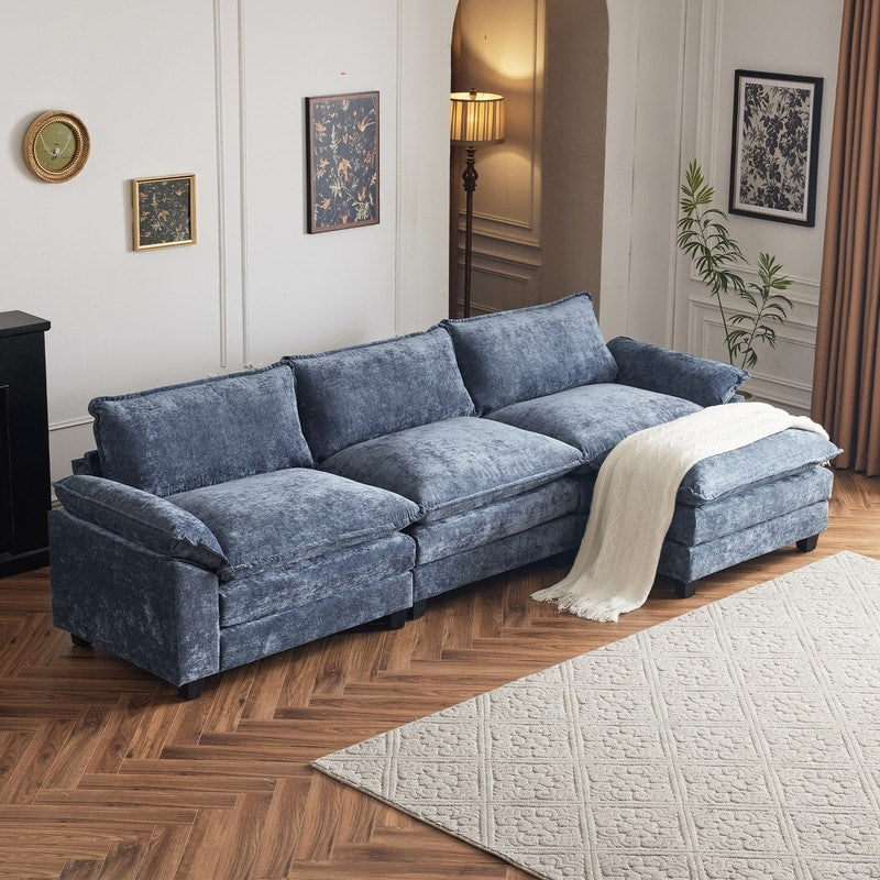 Full KD Double Cushion Chenille Sofa with Ottoman