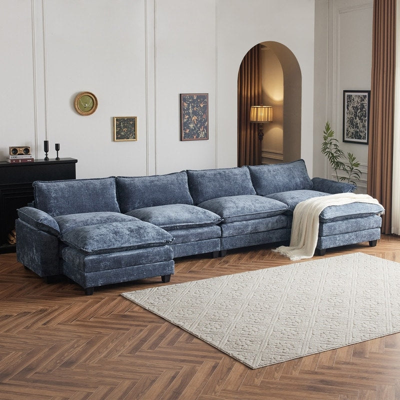 Full KD Double Cushion Chenille Sofa with Ottoman