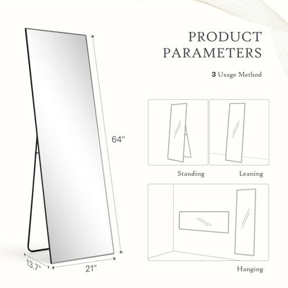Full Length Mirror with Stand, Floor Mirror with Aluminum Alloy Frame for Bedroom, Standing Full Body Mirror for Wall, Cloakroom