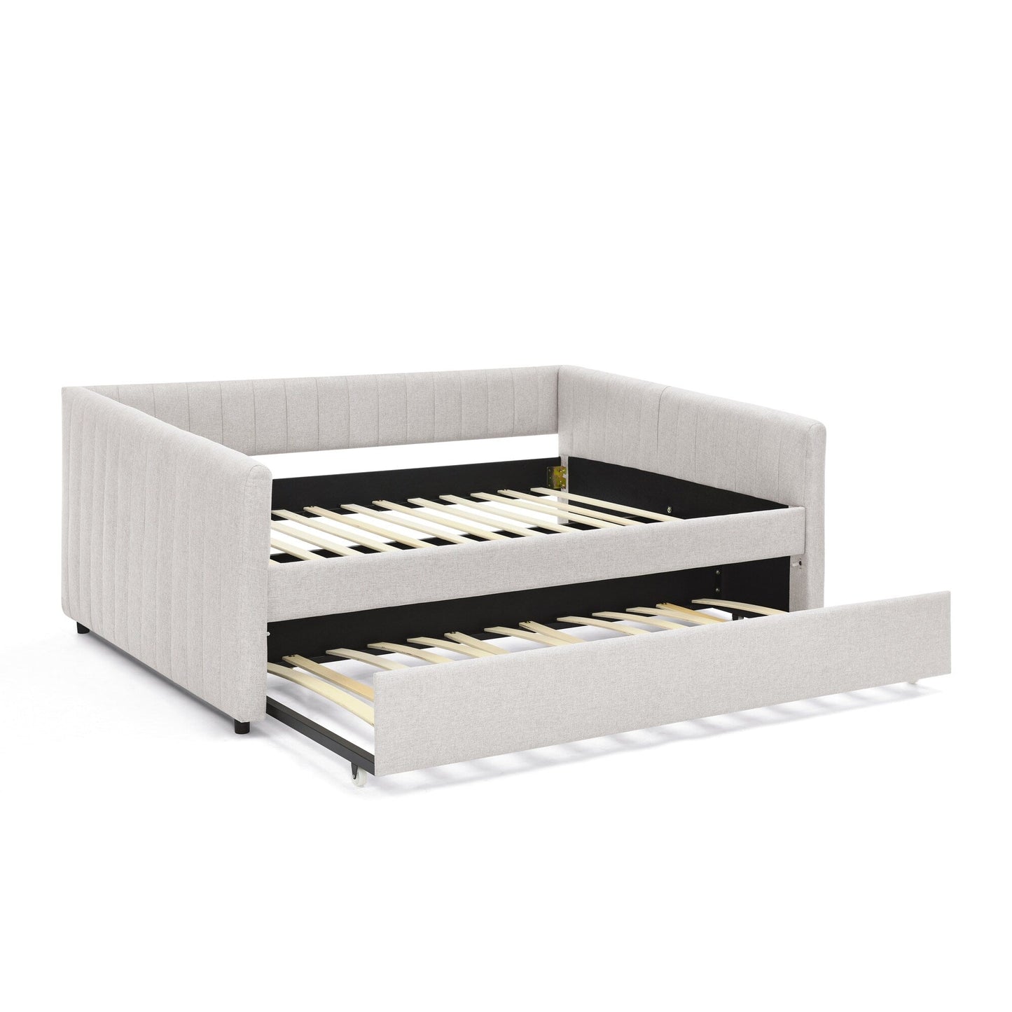 Full Size Daybed with Trundle Upholstered Sofa Bed, with Vertical Stripes, Linen Fabric, Beige (82.5x58x30)