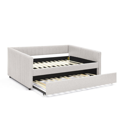 Full Size Daybed with Trundle Upholstered Sofa Bed, with Vertical Stripes, Linen Fabric, Beige (82.5x58x30)