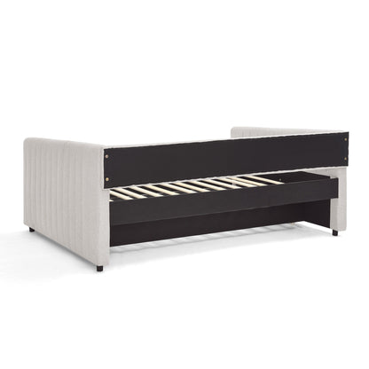 Full Size Daybed with Trundle Upholstered Sofa Bed, with Vertical Stripes, Linen Fabric, Beige (82.5x58x30)