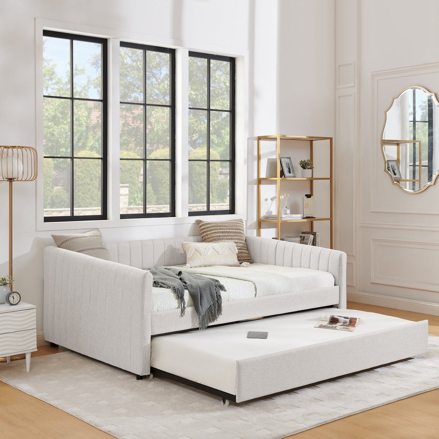 Full Size Daybed with Trundle Upholstered Sofa Bed, with Vertical Stripes, Linen Fabric, Beige (82.5x58x30)