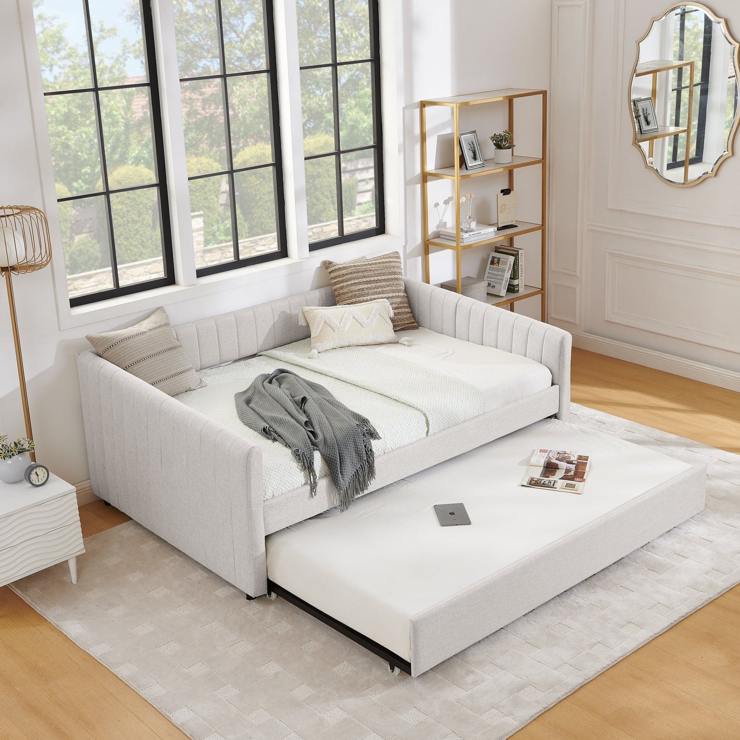 Full Size Daybed with Trundle Upholstered Sofa Bed, with Vertical Stripes, Linen Fabric, Beige (82.5x58x30)