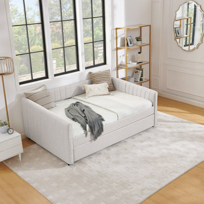 Full Size Daybed with Trundle Upholstered Sofa Bed, with Vertical Stripes, Linen Fabric, Beige (82.5x58x30)