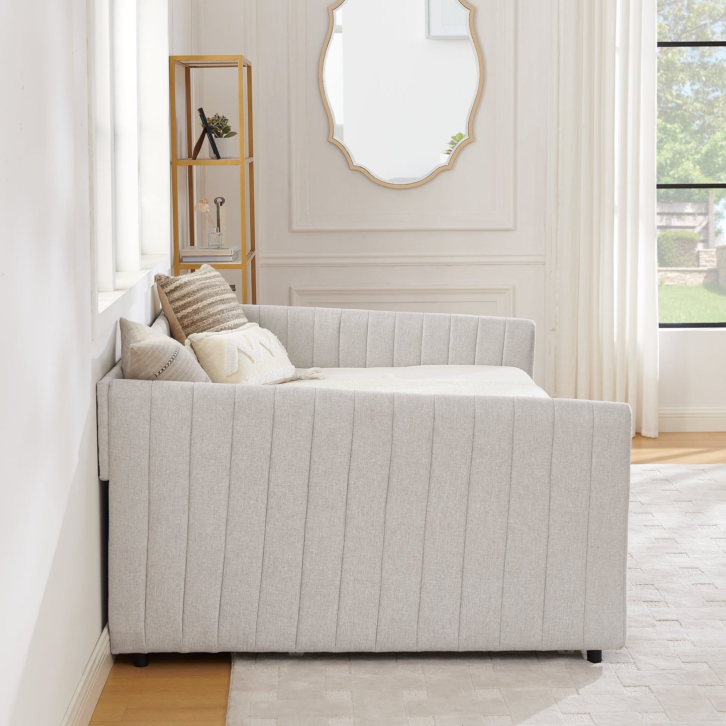 Full Size Daybed with Trundle Upholstered Sofa Bed, with Vertical Stripes, Linen Fabric, Beige (82.5x58x30)
