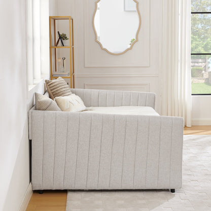 Full Size Daybed with Trundle Upholstered Sofa Bed, with Vertical Stripes, Linen Fabric, Beige (82.5x58x30)