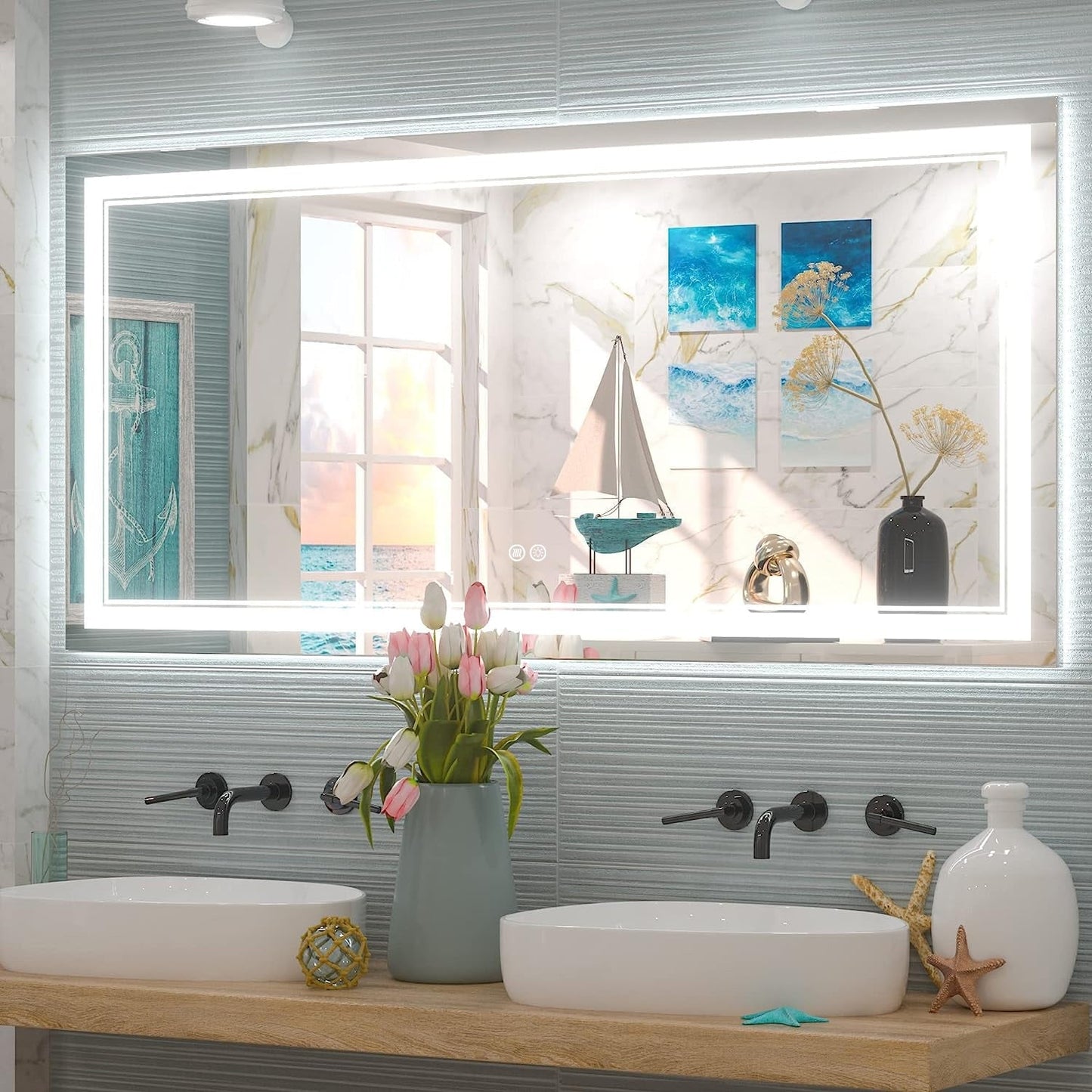 Full Size Front & Back LED Lighted Anti-fog Tempered Glass Wall Bathroom Vanity Mirror