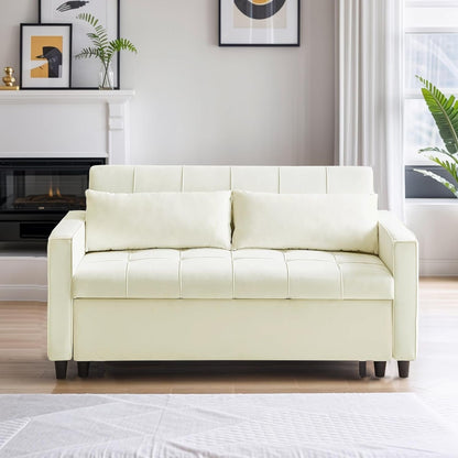 55 Inch Velvet Convertible Sofa, 3 in 1 Futon Couch with Pull-Out Bed/Adjustable Backrest Side Table/2 Lumbar Pillows