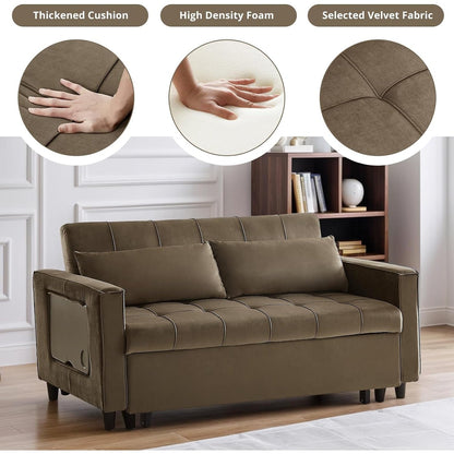 55 Inch Velvet Convertible Sofa, 3 in 1 Futon Couch with Pull-Out Bed/Adjustable Backrest Side Table/2 Lumbar Pillows