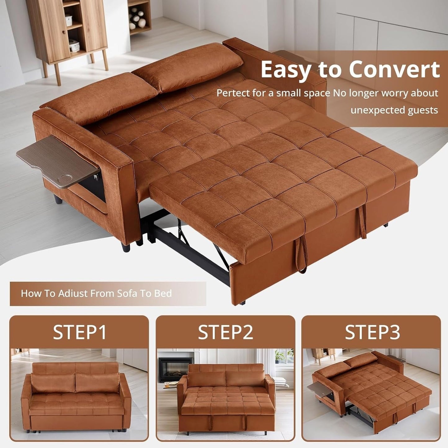 55 Inch Velvet Convertible Sofa, 3 in 1 Futon Couch with Pull-Out Bed/Adjustable Backrest Side Table/2 Lumbar Pillows