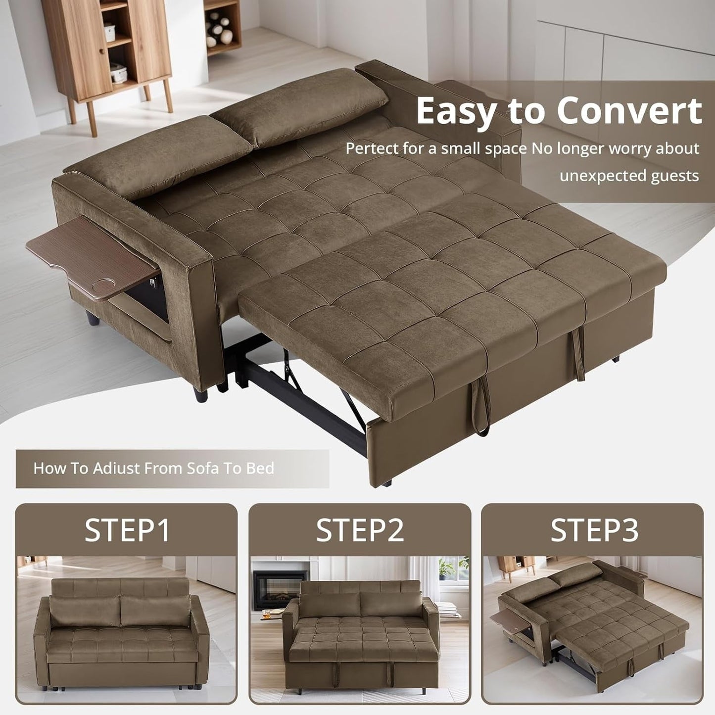 55 Inch Velvet Convertible Sofa, 3 in 1 Futon Couch with Pull-Out Bed/Adjustable Backrest Side Table/2 Lumbar Pillows