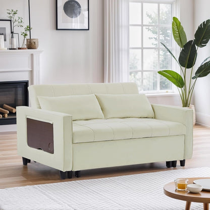 55 Inch Velvet Convertible Sofa, 3 in 1 Futon Couch with Pull-Out Bed/Adjustable Backrest Side Table/2 Lumbar Pillows