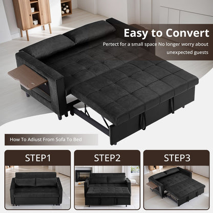 55 Inch Velvet Convertible Sofa, 3 in 1 Futon Couch with Pull-Out Bed/Adjustable Backrest Side Table/2 Lumbar Pillows