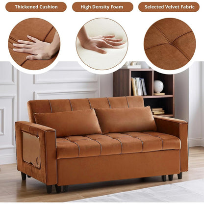 55 Inch Velvet Convertible Sofa, 3 in 1 Futon Couch with Pull-Out Bed/Adjustable Backrest Side Table/2 Lumbar Pillows