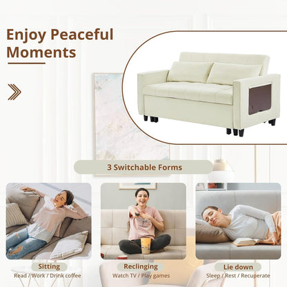 55 Inch Velvet Convertible Sofa, 3 in 1 Futon Couch with Pull-Out Bed/Adjustable Backrest Side Table/2 Lumbar Pillows