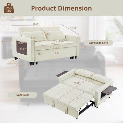55 Inch Velvet Convertible Sofa, 3 in 1 Futon Couch with Pull-Out Bed/Adjustable Backrest Side Table/2 Lumbar Pillows