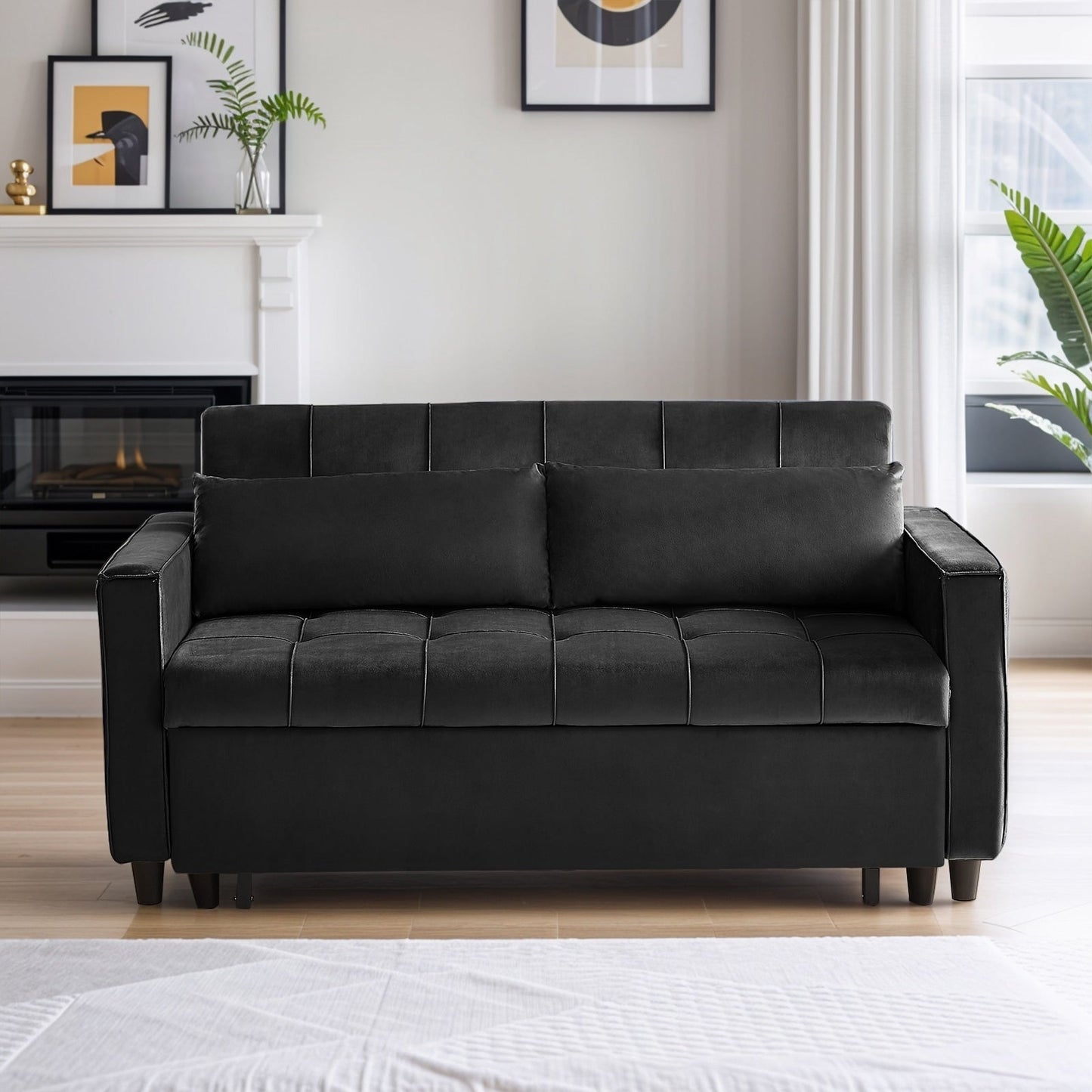 55 Inch Velvet Convertible Sofa, 3 in 1 Futon Couch with Pull-Out Bed/Adjustable Backrest Side Table/2 Lumbar Pillows