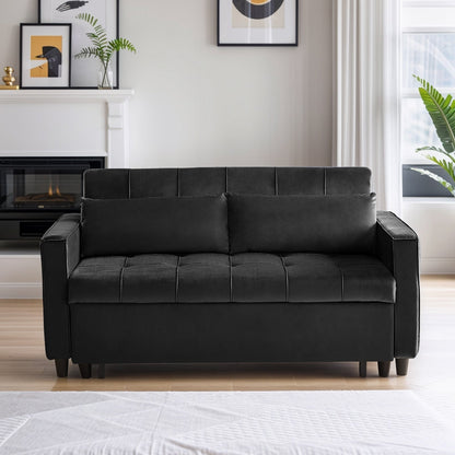 55 Inch Velvet Convertible Sofa, 3 in 1 Futon Couch with Pull-Out Bed/Adjustable Backrest Side Table/2 Lumbar Pillows