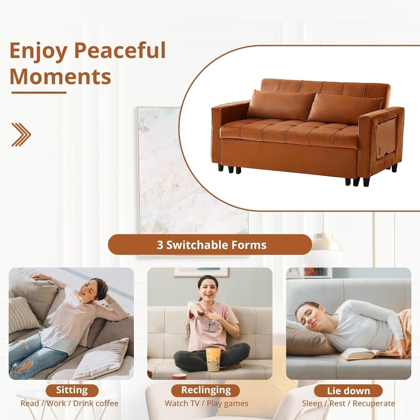 55 Inch Velvet Convertible Sofa, 3 in 1 Futon Couch with Pull-Out Bed/Adjustable Backrest Side Table/2 Lumbar Pillows