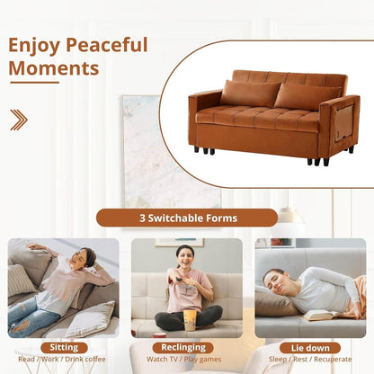 55 Inch Velvet Convertible Sofa, 3 in 1 Futon Couch with Pull-Out Bed/Adjustable Backrest Side Table/2 Lumbar Pillows
