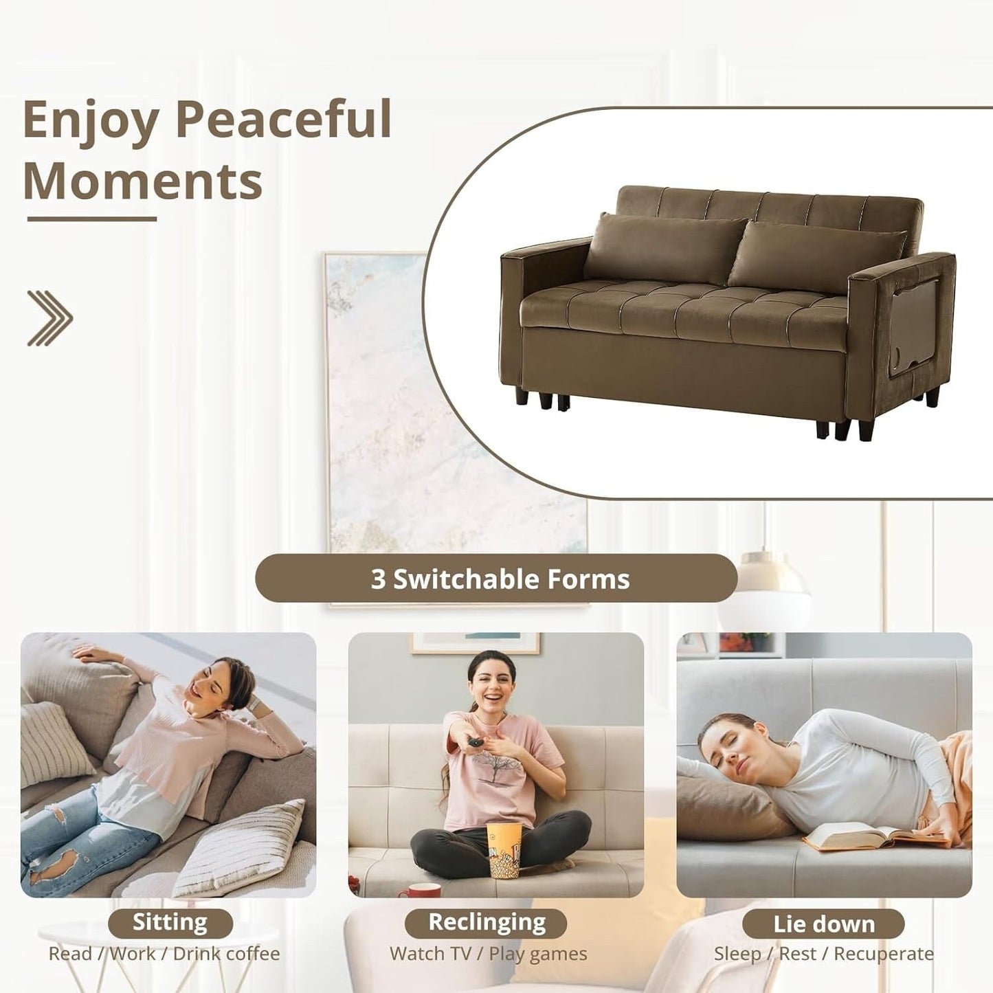 55 Inch Velvet Convertible Sofa, 3 in 1 Futon Couch with Pull-Out Bed/Adjustable Backrest Side Table/2 Lumbar Pillows